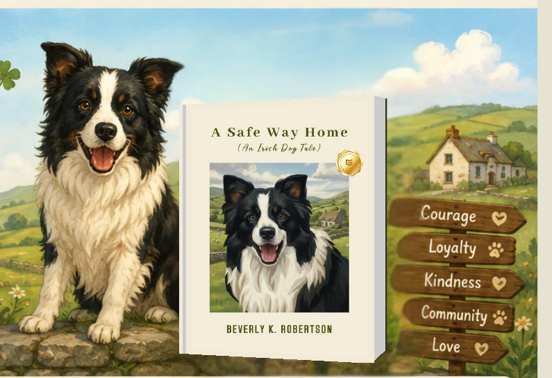 Illustrated Border collie Rover beside the book in the Irish countryside