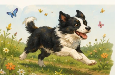 Rover running through a flower meadow