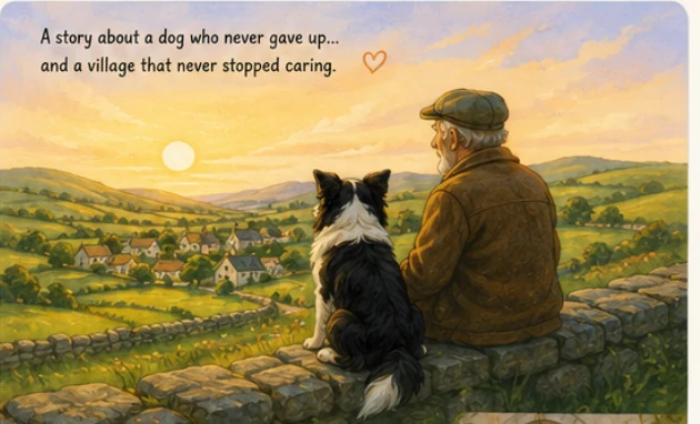 Rover and an older man looking across an Irish village at sunset